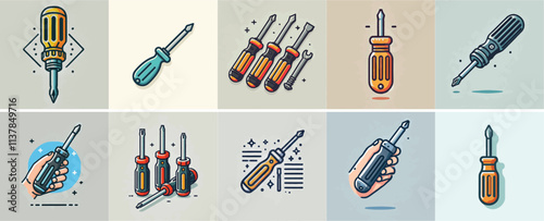 Vector set of screwdrivers with a simple and minimalist flat design style