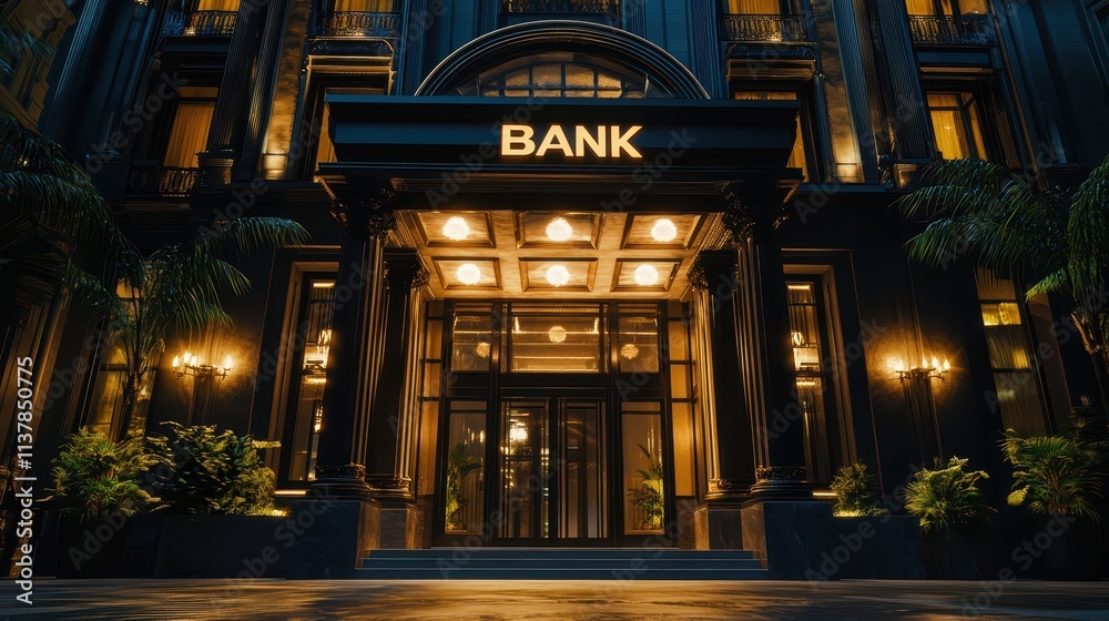 Obraz premium Modern bank building entrance at night with elegant architectural details