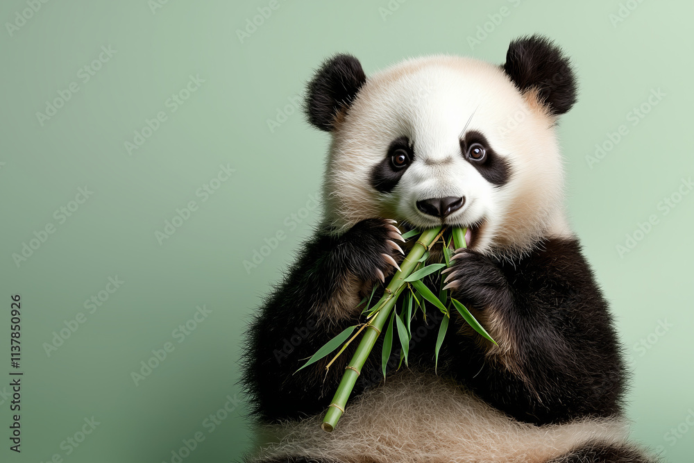 Obraz premium Panda sitting upright and enjoying bamboo against a soft green backdrop in a tranquil setting