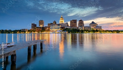 Wisconsin at night. The Madison Wisconsin skyline during early evening lights in lac
