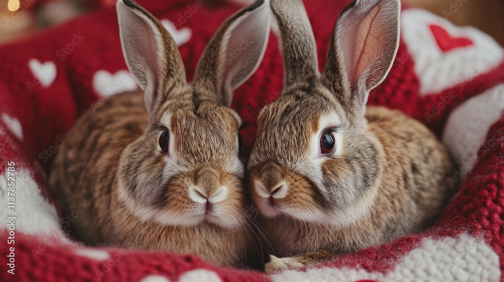 Obraz premium Two Brown Rabbits Cuddle on Red Knit Blanket