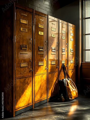 Vintage gym locker room with wooden lockers, brass handles, and name tags. A gym bag rests nearby as soft morning sunlight streams in, evoking nostalgia and warmth—ideal for vintage-inspired branding. photo