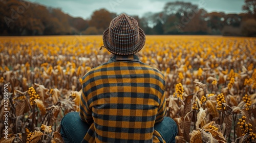 A thoughtful farmer in expansive fields symbolizing agriculture, nature s cycles, and rural life photo