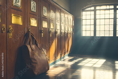 Vintage gym locker room with wooden lockers, brass handles, and name tags. A gym bag rests nearby as soft morning sunlight streams in, evoking nostalgia and warmth—ideal for vintage-inspired branding. photo