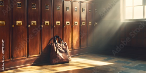 Vintage gym locker room with wooden lockers, brass handles, and name tags. A gym bag rests nearby as soft morning sunlight streams in, evoking nostalgia and warmth—ideal for vintage-inspired branding. photo