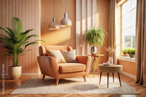 Peach Fuzz Living Room: Modern Peach Armchair, Soft Peach Walls, Cozy Interior Design, Medium Shot Photography