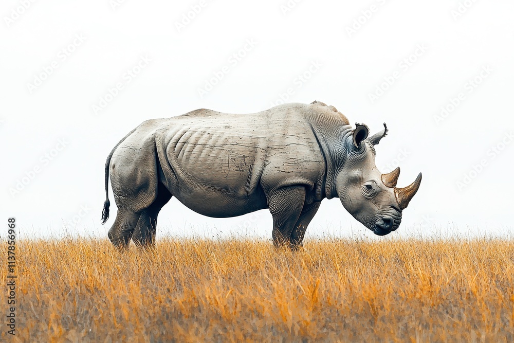 Fototapeta premium Ancient Rhino Grazing on Savanna with White Background