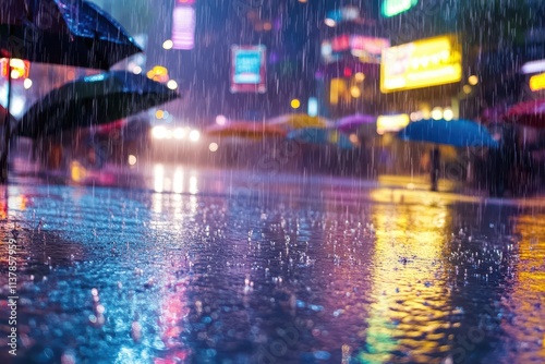 A heavy rain shower over a city street, with neon reflections on wet pavement and umbrellas in motion. photo