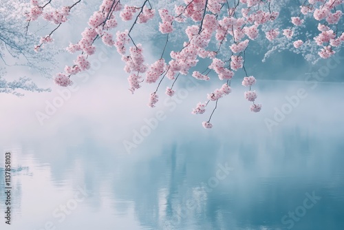 A serene morning fog over a lake, the water barely visible beneath the mist. photo