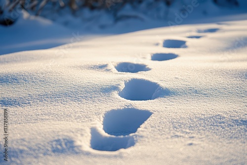 A quiet morning after snowfall, with fresh footprints in snow and trees dusted with powder. photo