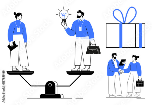 Two businesspeople on a balance scale, one holding a light bulb, an executive handshake, and a wrapped gift. Ideal for business balance, teamwork, innovation, negotiation, reward decision-making