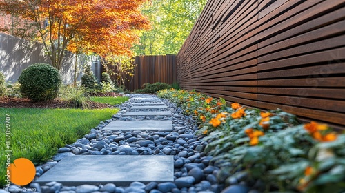 Modern garden path with stepping stones, pebbles, and vibrant flowers beside a sleek wooden fence.