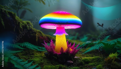 Colorful glowing mushroom in a misty forest setting at dusk