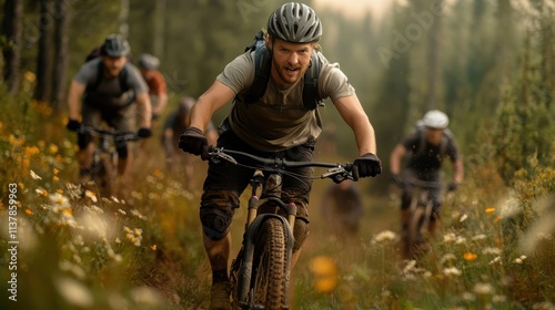 A determined male cyclist leads a group through a lush forest trail on mountain bikes, emphasizing leadership and the rugged excitement of outdoor sports. photo