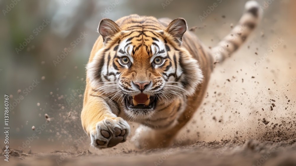 Obraz premium A tiger is captured mid-leap, demonstrating incredible grace and focus as it propels itself forward, illustrating the essence of raw elegance and hunt.