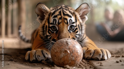 A tiger cub peers intently at an intriguingly shaped stone, embodying curiosity and the cautious exploration typical of juvenile wildlife in the forest. photo