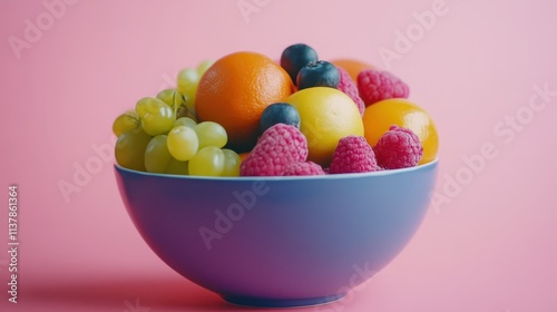 Bowl of mixed fruits on a solid color background, colorful and detailed close-up. photo