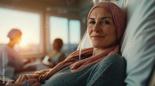 A woman contently rests in a hospital bed, receiving medical treatment, with serene expressions showcasing resilience and hope in a calm setting. photo