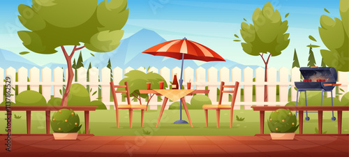 BBQ garden party. Vector illustration of house yard with fence, cooking grill, food on table, chairs and umbrella, lawn with bushes and trees. Backyard in summer. Outdoor patio for barbecue, grill