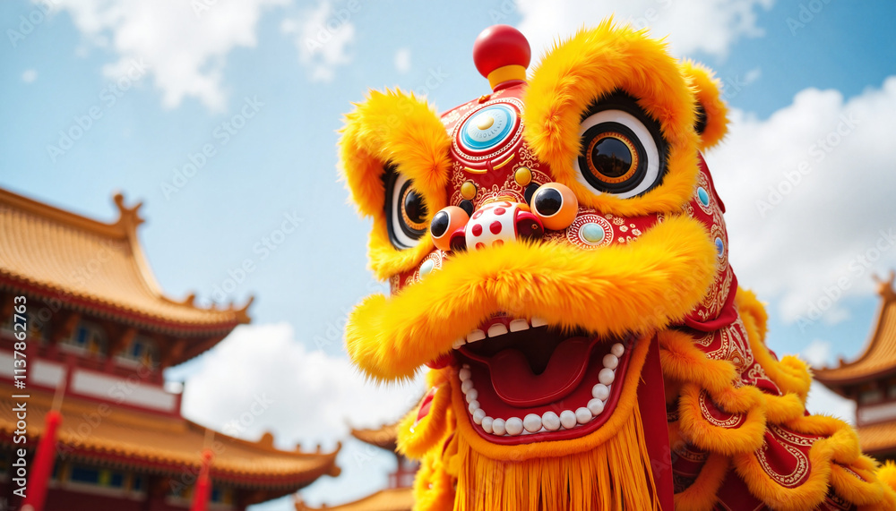 Obraz premium Yellow Chinese lion dance costume during cultural celebration 