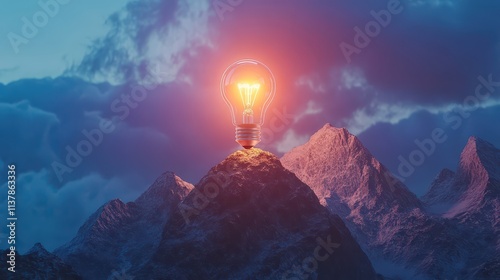 A glowing lightbulb on top of a mountain, symbolizing a peak moment of discovery and innovation, the bottom half for text. photo