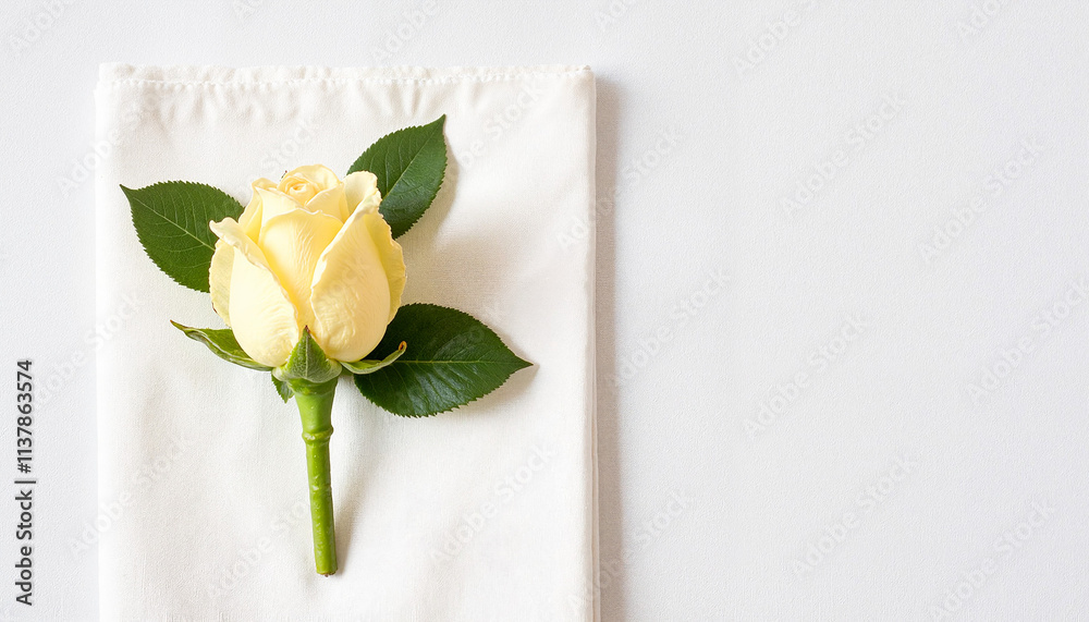 Fototapeta premium Yellow rose boutonniere placed on white fabric for elegant wedding decor, wedding ceremony