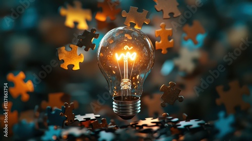 A lightbulb surrounded by floating puzzle pieces, symbolizing the solution to a complex problem coming together, the bottom half for text. photo