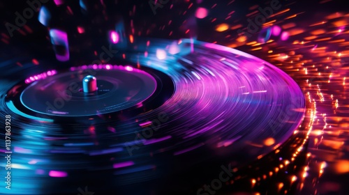 A neon vinyl record with vibrant light pulsating through the grooves, surrounded by floating music notes and light streaks, the bottom half for text. photo