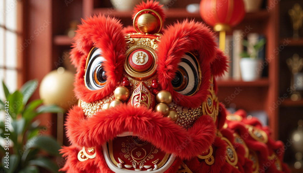 Fototapeta premium Red Chinese lion head decoration with intricate gold details indoors