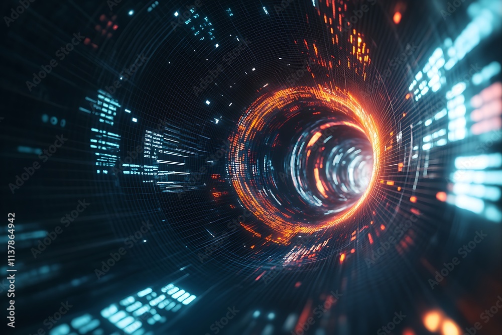 Obraz premium Abstract digital tunnel, a mesmerizing fractal space composition with dynamic light and motion, representing energy flow
