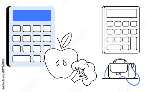 Calculator, apple, broccoli, and briefcase visuals emphasizing wellness and work-life balance. Ideal for health, finance, education, productivity, nutrition, work-life balance, and business themes