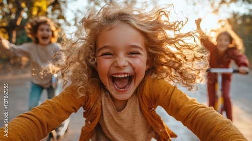 Children exude pure joy as they race on bicycles under the sun, capturing the essence of unfettered childhood freedom in a sunlit, vibrant environment. photo