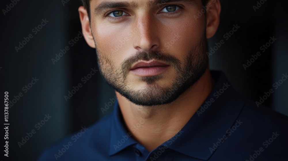 Fototapeta premium Confident Man with Blue Eyes in Dark Shirt, Close-Up Portrait Photography
