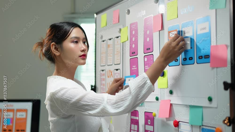 Attractive female designer points to whiteboard with project of website phone ux ui and explains design process during presentation Online planning in the modern office.