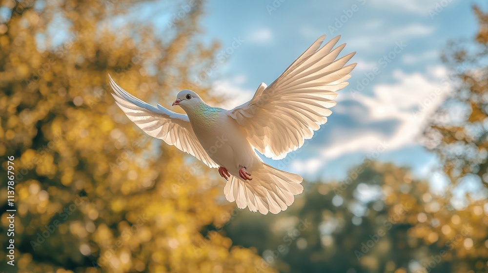 Fototapeta premium White Dove of Peace in the Air with Wings Wide Open Against Blue Cloudy Sky 