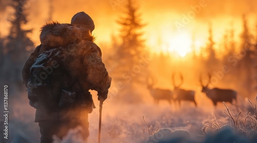 A person in fur-lined clothing stands with a stick, gazing at deer during a magical sunrise in the snow-laden forest. The warm light casts a golden glow over the scene. photo