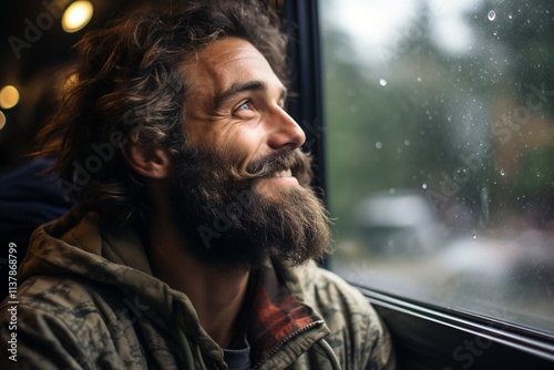 sensation of gazing upon a drizzly panorama through a glass pane, where rain transforms into a scenic tapestry that fosters serene rumination and profound self-reflection photo