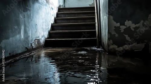 A dark, wet basement with water pooling on the floor and a staircase leading into shadowy darkness. photo