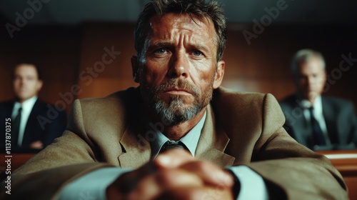 A man in a courtroom setting stares forward intently, conveying a sense of seriousness and focus. His surroundings suggest a formal and dramatic atmosphere. photo