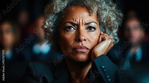 An assertive woman with curly hair watches intently from an audience, resting her head on her hand, indicating curiosity or contemplation.