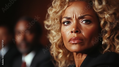 A focused woman in a courtroom scene, surrounded by blurred figures, embodies themes of intensity, seriousness, and contemplation in legal environments. photo