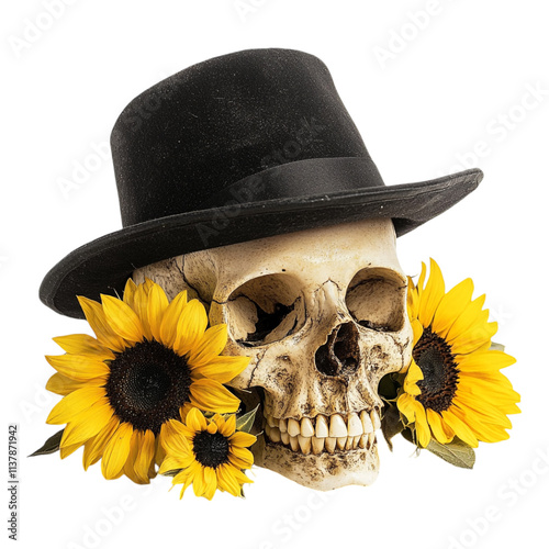 A skull wearing a black hat, adorned with bright sunflowers and festive decorations, isolated on a transparent background. photo