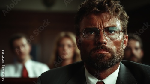 A stern male figure with glasses portrays determination and resolve, seated amidst other individuals, reflecting a deep engagement in courtroom proceedings. photo