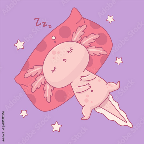 Cute pink Axolotl sleeping on pillow. Sweet dream. Little funny cartoon kawaii animal character. Vector illustration. Kids collection