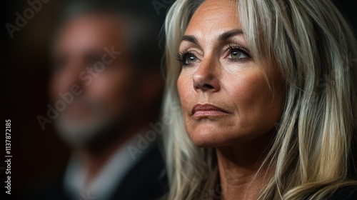 A thoughtful woman with flowing hair gazes somberly, while a blurred man is visible in the background, illustrating contemplation and distance. photo