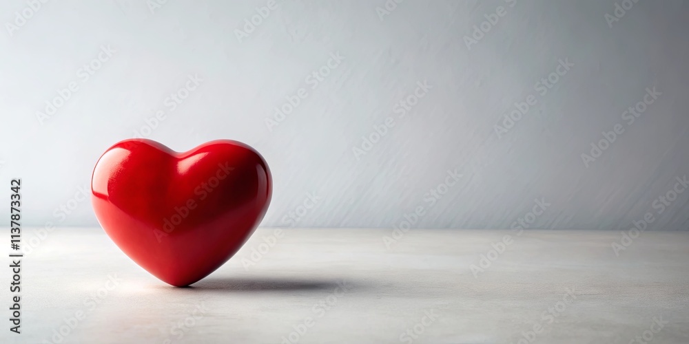 Fototapeta premium A single red heart rests on a light gray surface against a neutral background