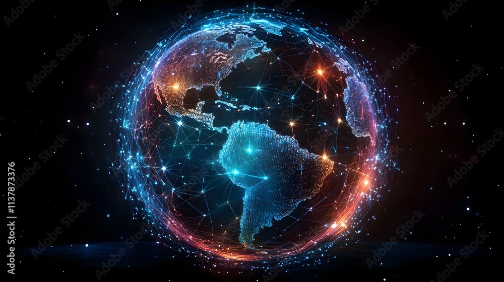 Obraz premium Glowing Globe Earth with a network of lights on the Dark Background AI Generated