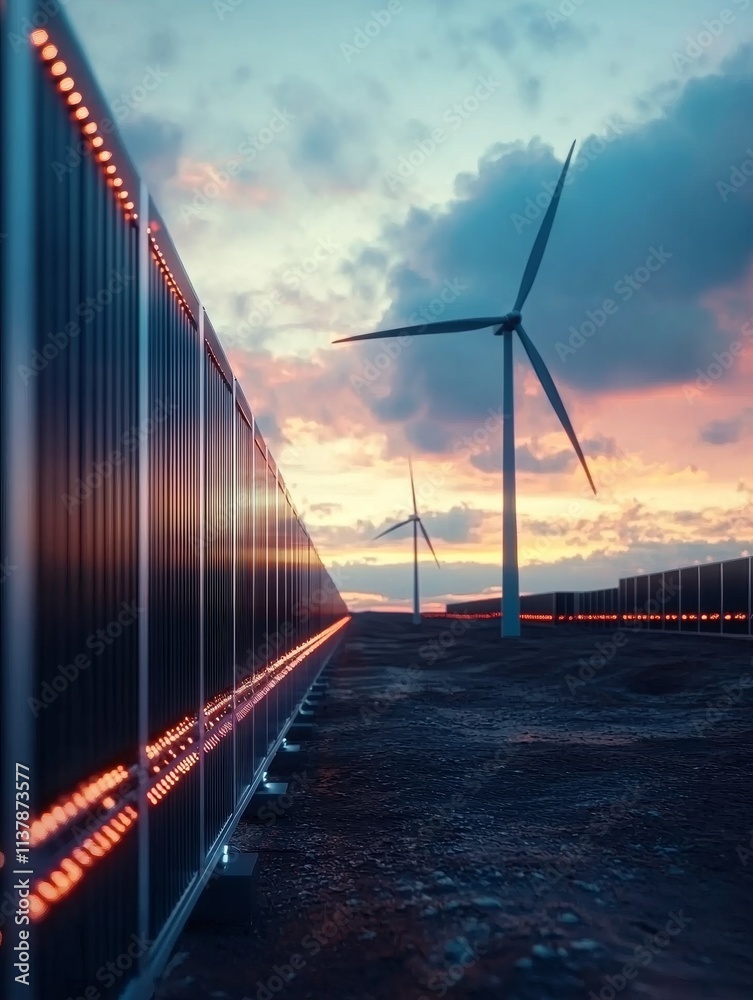 Fototapeta premium A serene landscape featuring wind turbines and solar panels against a colorful sunset, symbolizing renewable energy and sustainability.