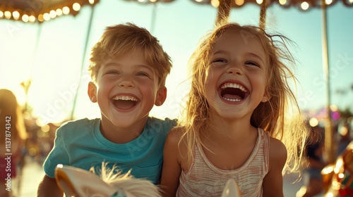 Two young children, a boy and a girl, share a moment of joy and laughter as they enjoy a ride on a spinning carousel at an amusement park under a bright blue sky. photo