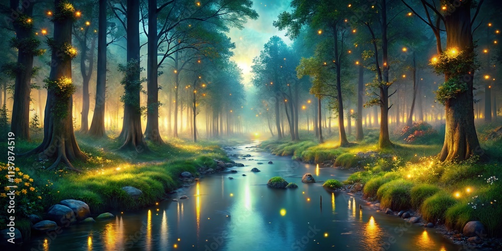 Obraz premium Surreal Pixel Art Night Forest River Firefly Scene - Digital Fantasy Art